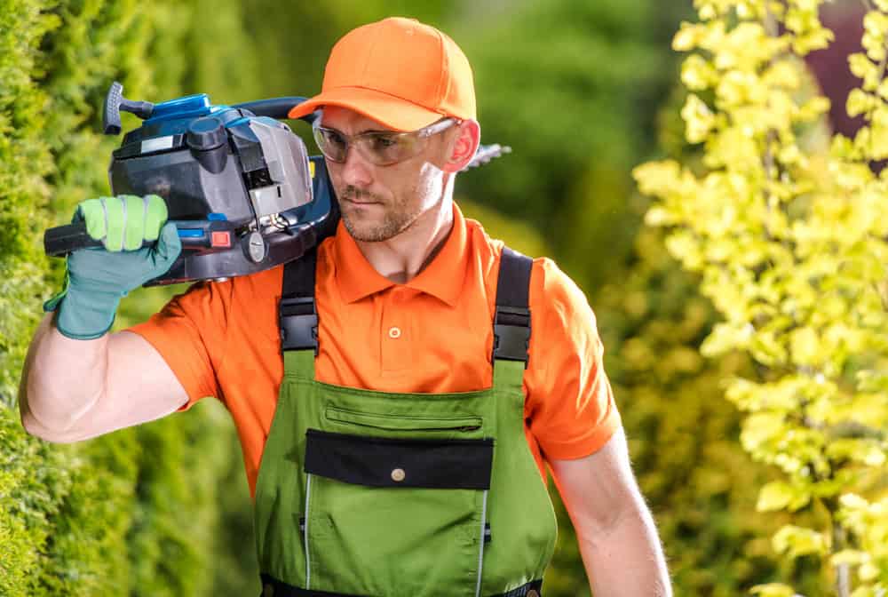 A man in an orange cap, shirt, and green overalls holds a blue hedge trimmer on his shoulder. He wears safety glasses and gloves, standing among lush greenery, focused on his gardening task.
